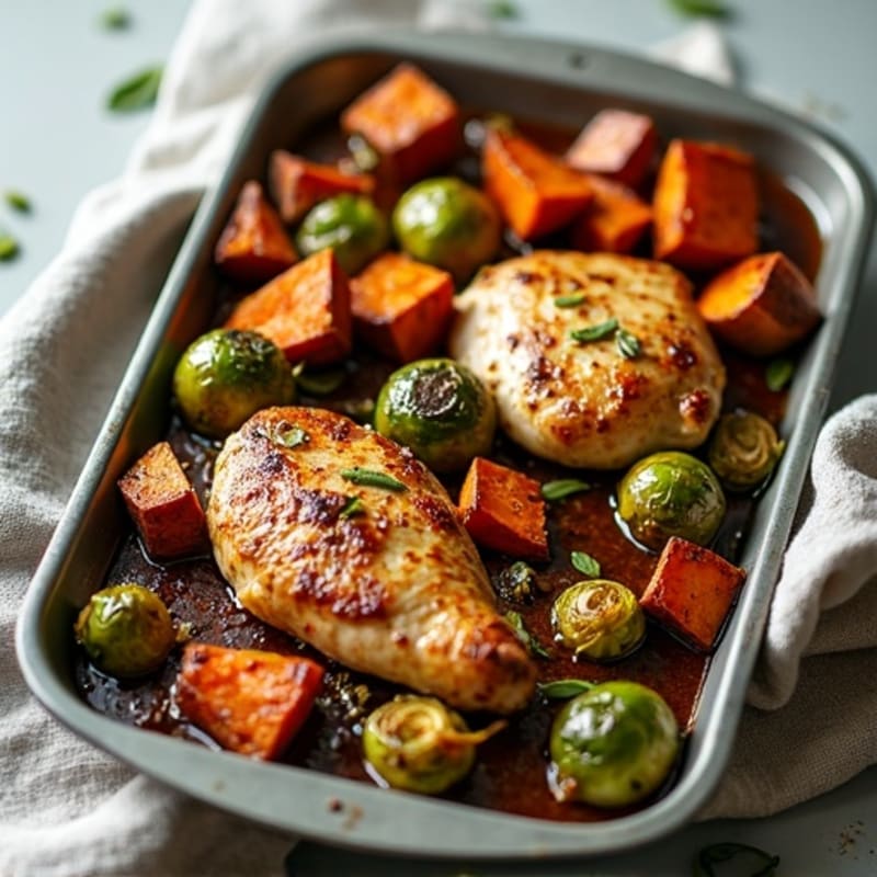 Sheet Pan Balsamic Chicken with Crispy Brussels Sprouts and Roasted Sweet Potatoes