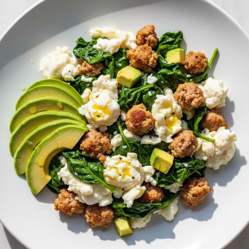 Egg White and Turkey Sausage Scramble with Sautéed Spinach