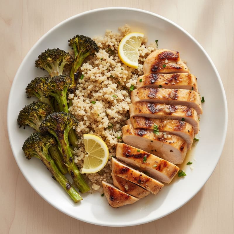 Grilled Lemon Garlic Chicken Breast with Quinoa and Roasted Broccoli