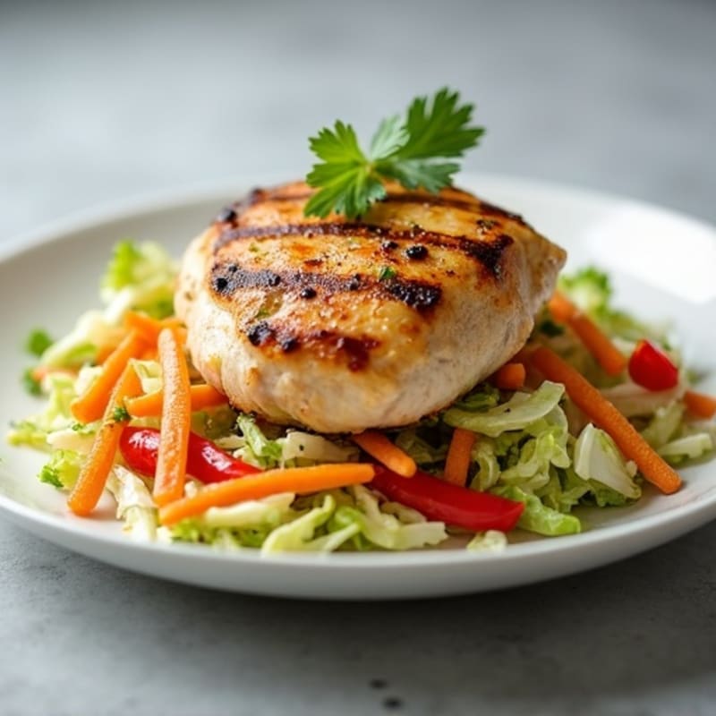 Grilled Chicken Breast over Crunchy Cabbage Slaw