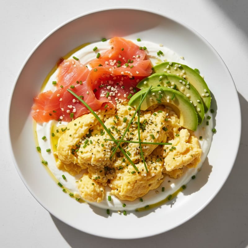 Silky Greek Yogurt Bowl with Smoked Salmon and Chive Scramble
