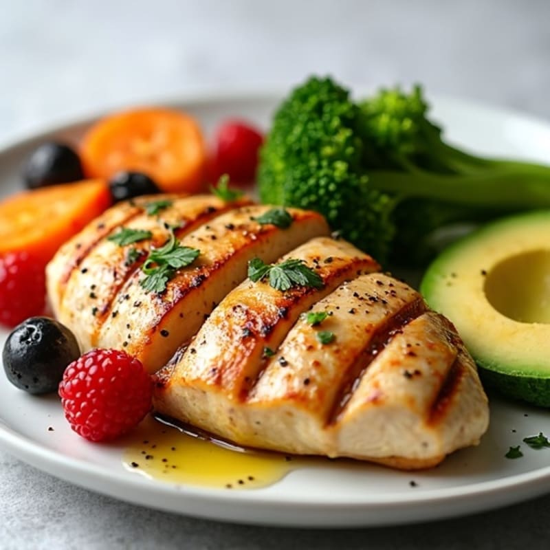 Grilled Chicken Breast with Roasted Sweet Potato, Steamed Broccoli & Avocado Berry Salad