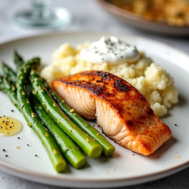 Seared Salmon with Steamed Asparagus and Mashed Cauliflower