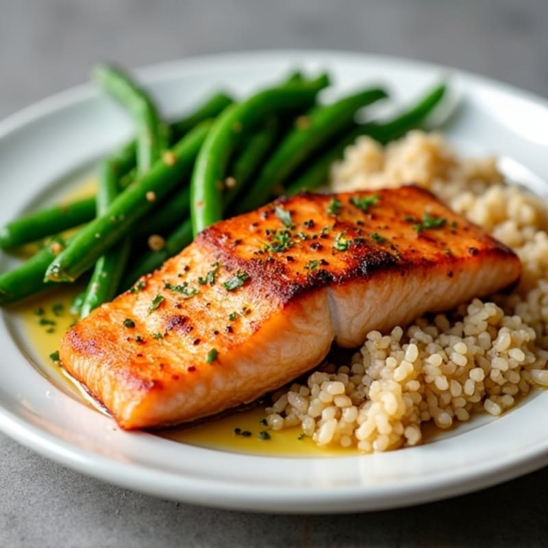Seared Salmon with Garlic Green Beans and Brown Rice