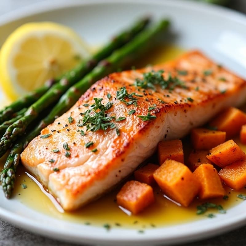 Seared Salmon with Roasted Sweet Potato and Asparagus