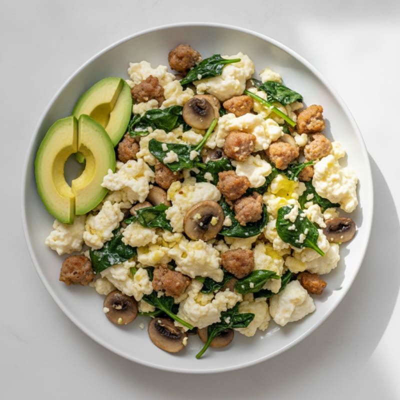 Egg White and Turkey Sausage Scramble with Spinach and Sautéed Mushrooms