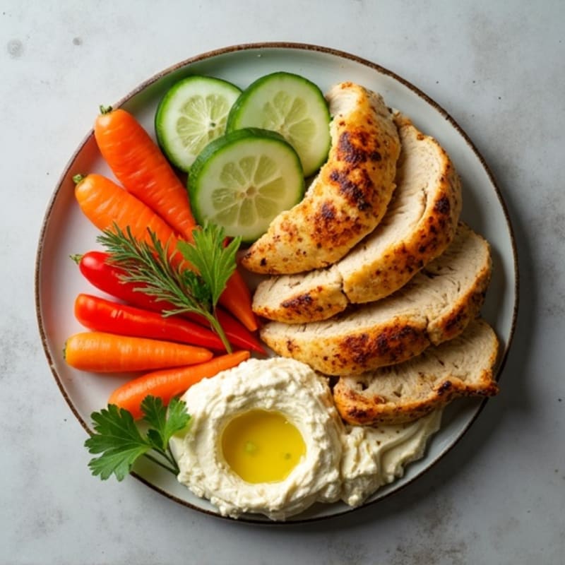 Creamy Hummus Platter with Lemon-Herb Roasted Chicken and Fresh Crudités
