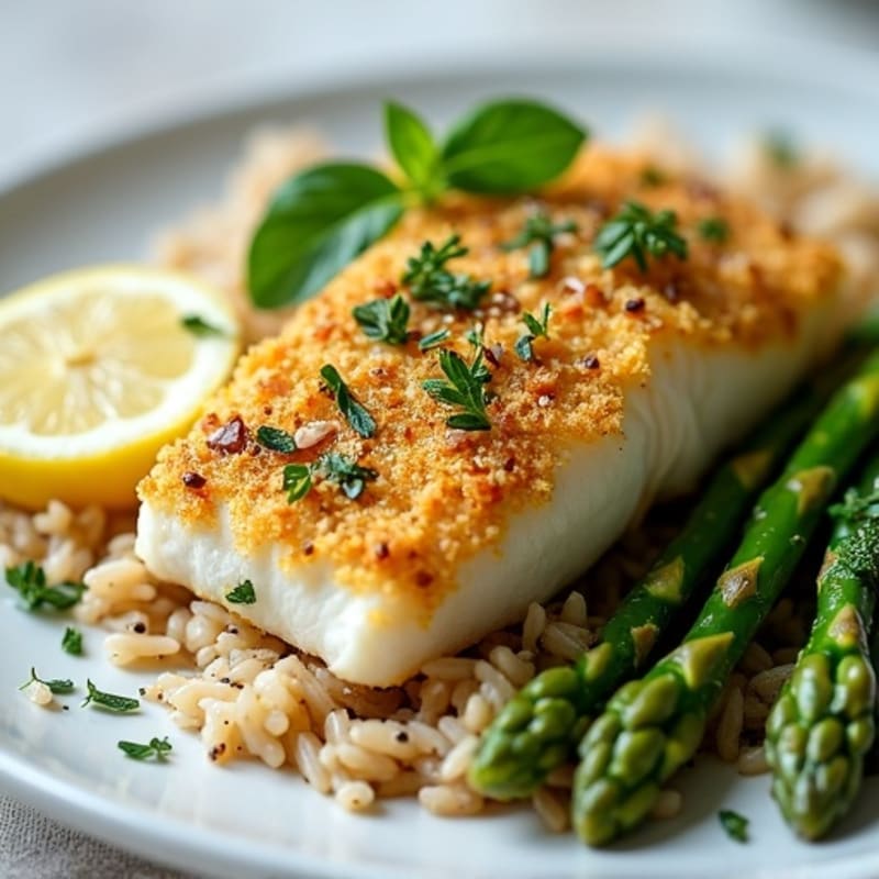 Baked Herb-Crusted Cod with Steamed Asparagus and Wild Rice