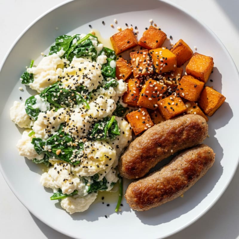 Egg White Spinach Scramble with Turkey Sausage and Roasted Sweet Potato