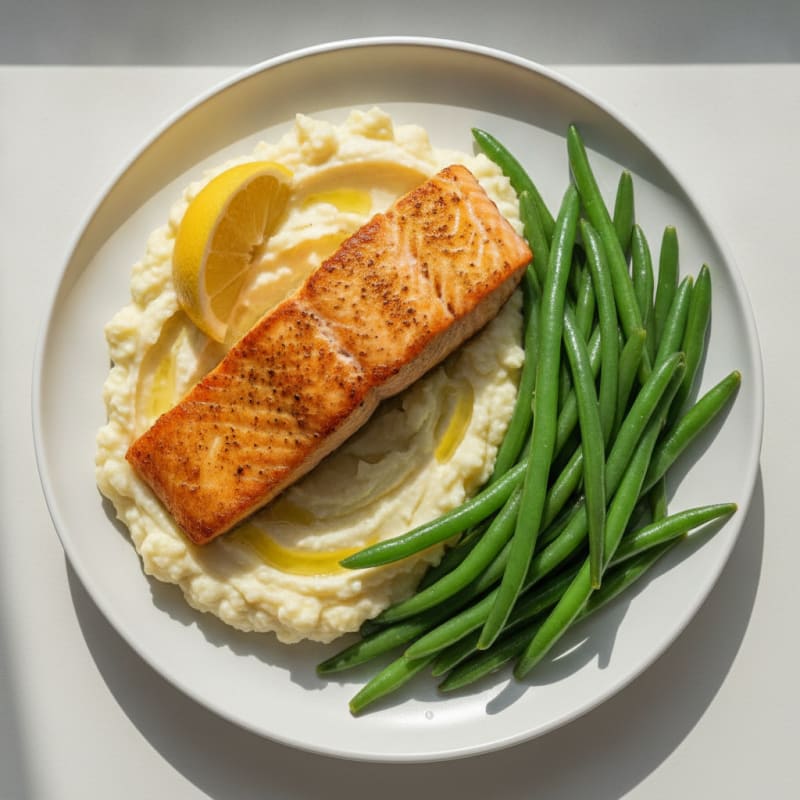 Seared Salmon with Steamed Green Beans and Garlic Mashed Cauliflower