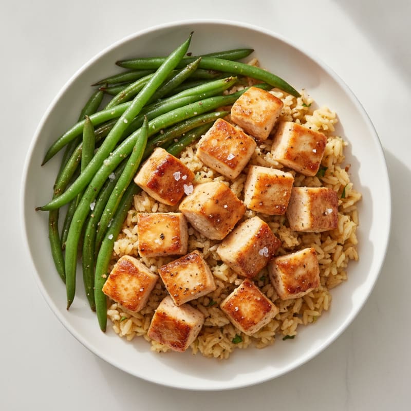 Pan-Seared Chicken with Roasted Green Beans and Savory Rice