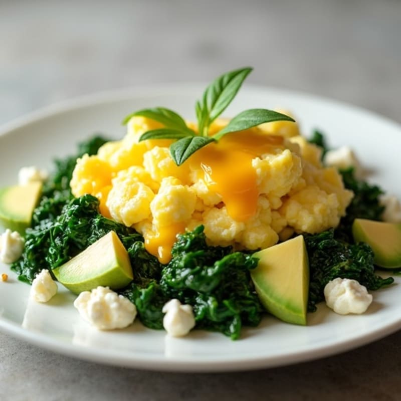 Scrambled Eggs with Cottage Cheese and Sautéed Spinach