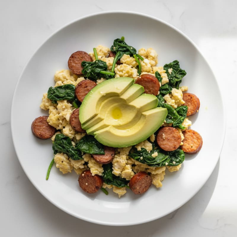 Egg White Scramble with Turkey Sausage and Sautéed Spinach