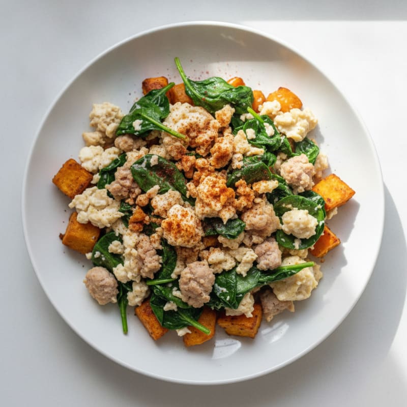 Egg White and Turkey Sausage Scramble with Spinach and Roasted Sweet Potato