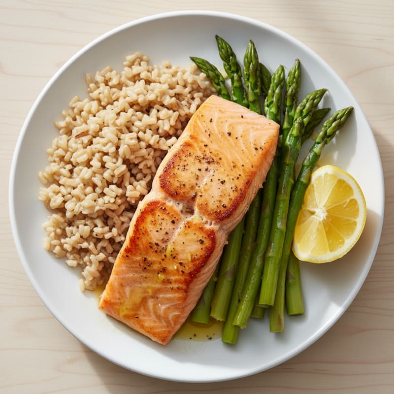 Seared Salmon with Steamed Asparagus and Brown Rice