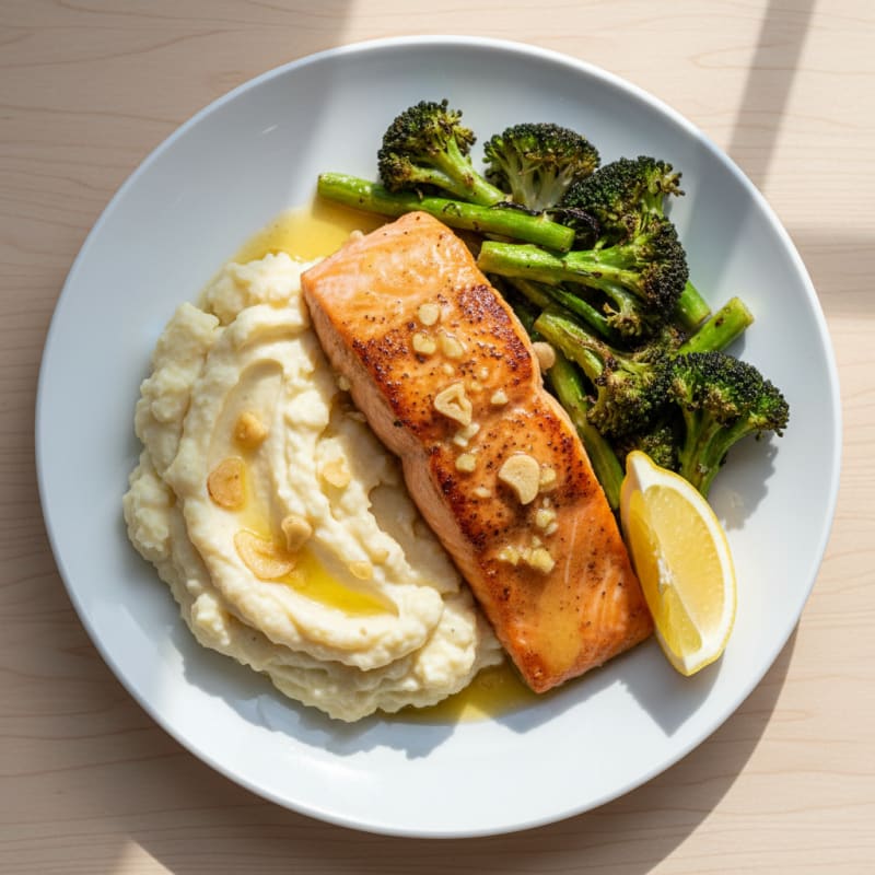 Seared Salmon Fillet with Roasted Broccoli and Garlic Mashed Cauliflower