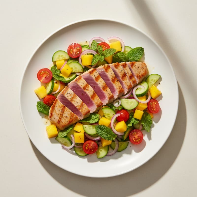 Grilled Tuna with Crunchy Cucumber Tomato Salad