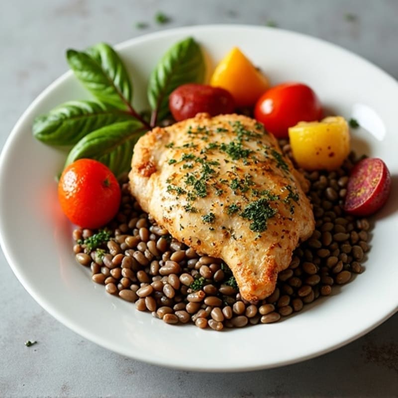 Herb-Crusted Chicken with Hearty Lentils and Roasted Root Vegetables