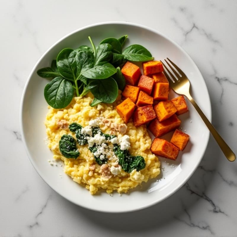 Egg White and Turkey Spinach Scramble with Roasted Sweet Potato