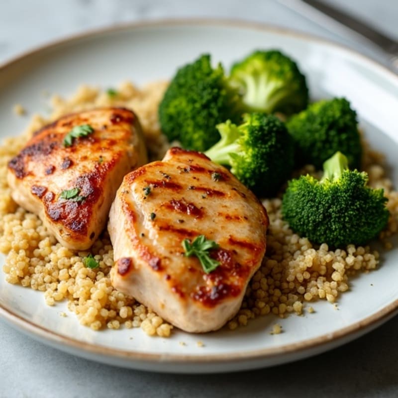 Seared Chicken Thighs with Roasted Broccoli and Quinoa