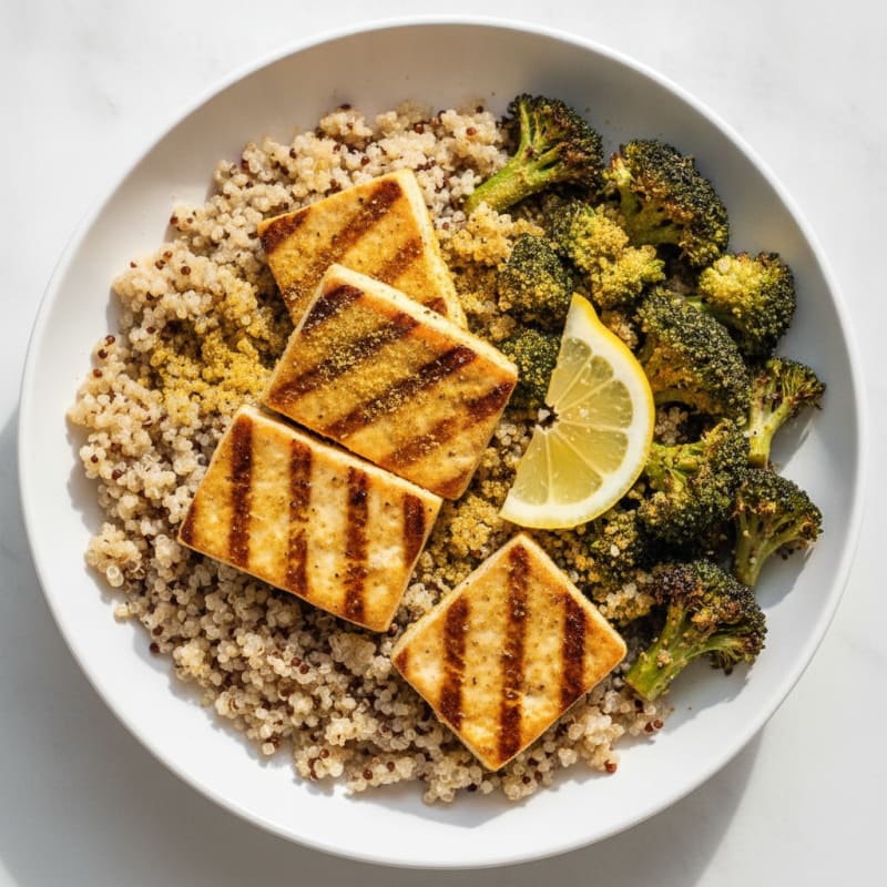Grilled Tofu and Quinoa Bowl with Roasted Broccoli