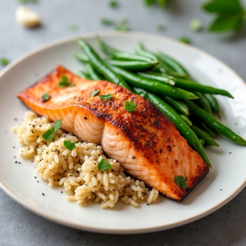 Seared Salmon with Garlic Green Beans and Brown Rice