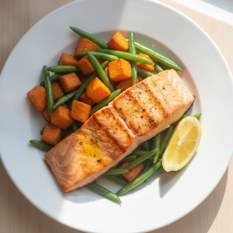 Pan-Seared Salmon with Roasted Sweet Potato and Green Beans