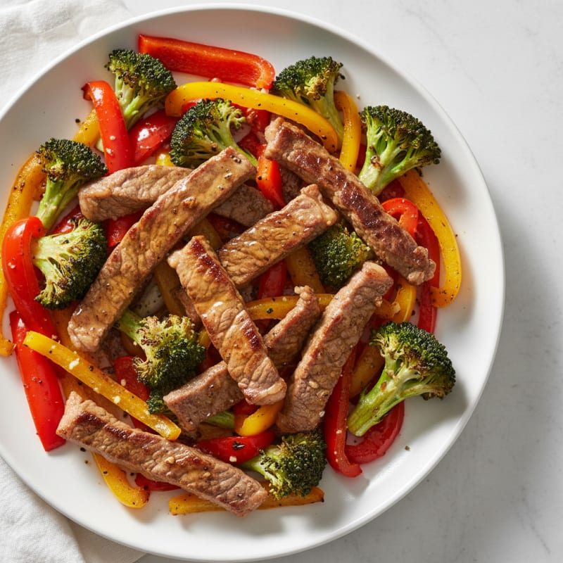 Seared Lean Beef Strips with Roasted Broccoli and Bell Peppers