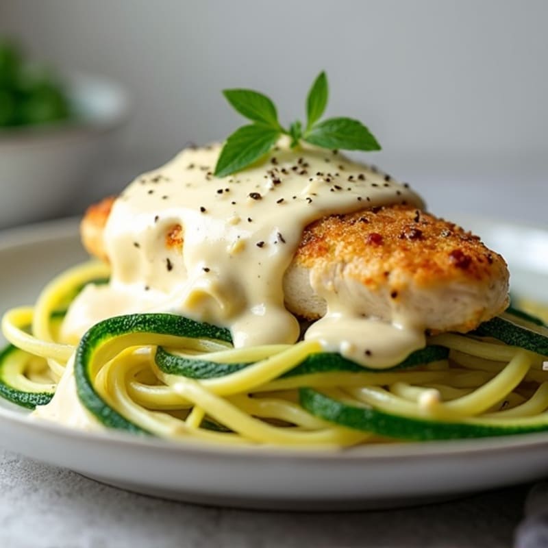 Creamy Cauliflower Alfredo Chicken with Zucchini Noodles