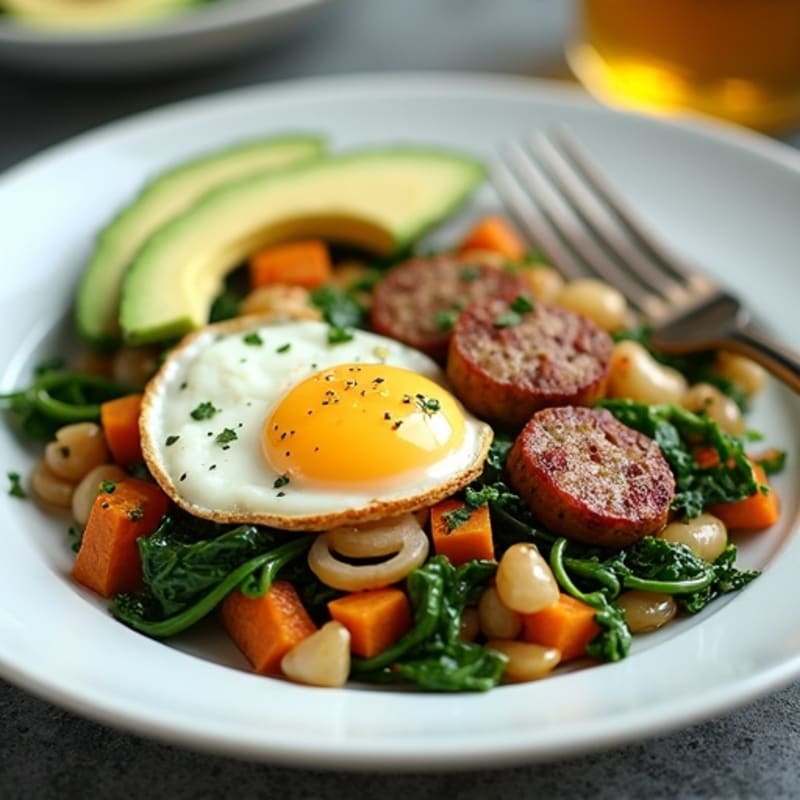 Egg White and Turkey Sausage Scramble with Sautéed Spinach and Sweet Potato Hash