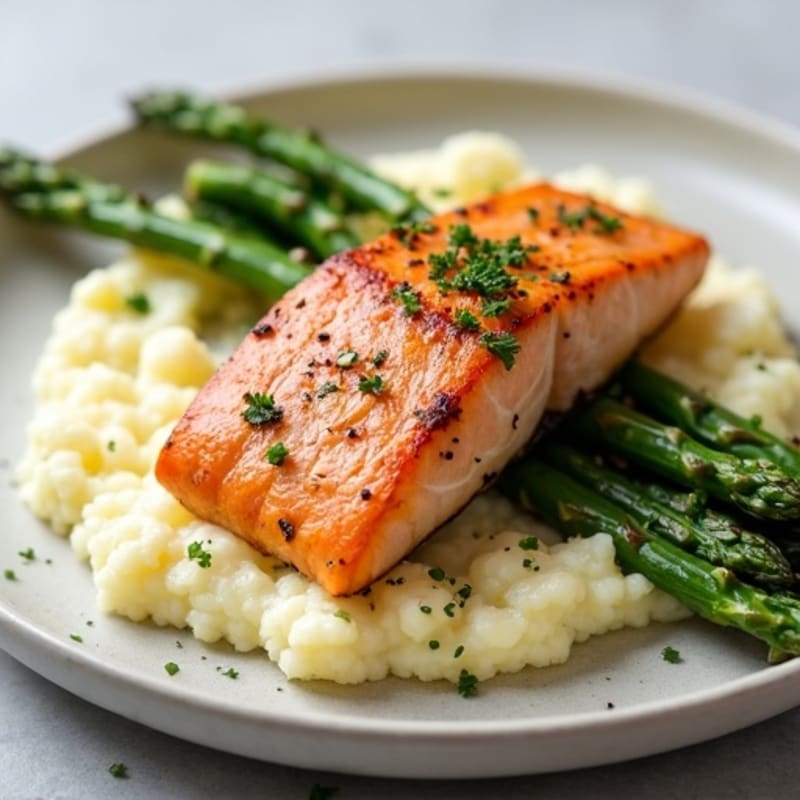 Seared Salmon with Steamed Asparagus and Cauliflower Mash