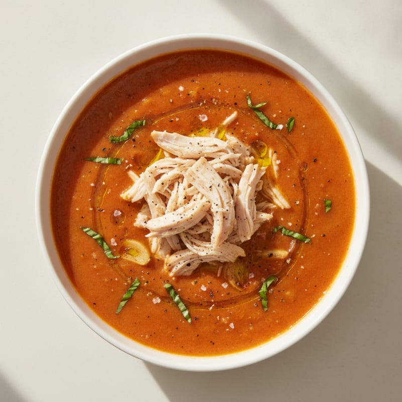Roasted Tomato Basil Soup with Shredded Chicken
