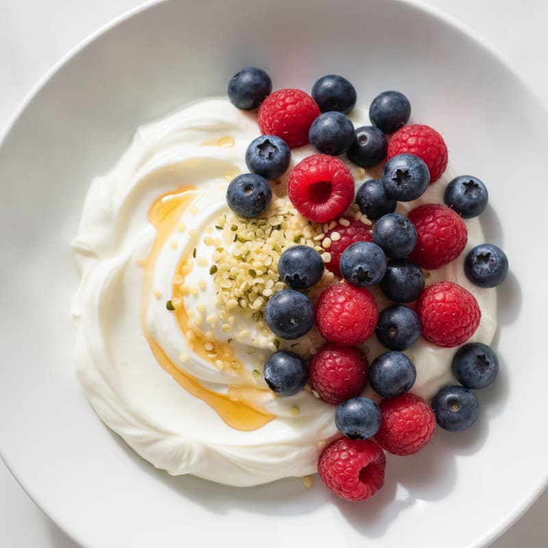 Creamy Vanilla Greek Yogurt with Hemp Seeds and Mixed Berries