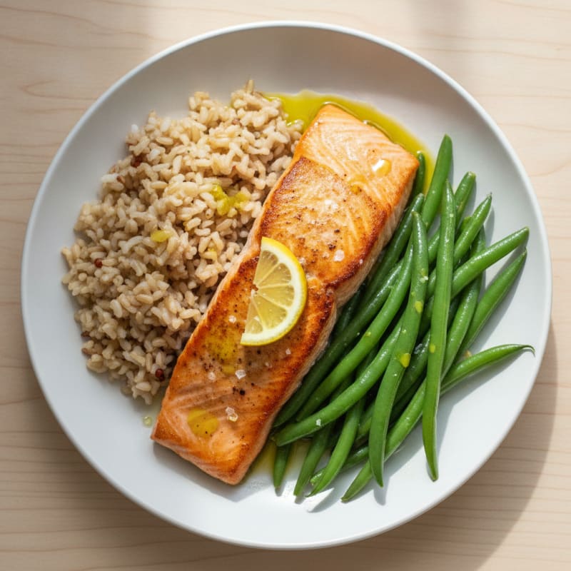 Seared Salmon with Steamed Green Beans and Brown Rice