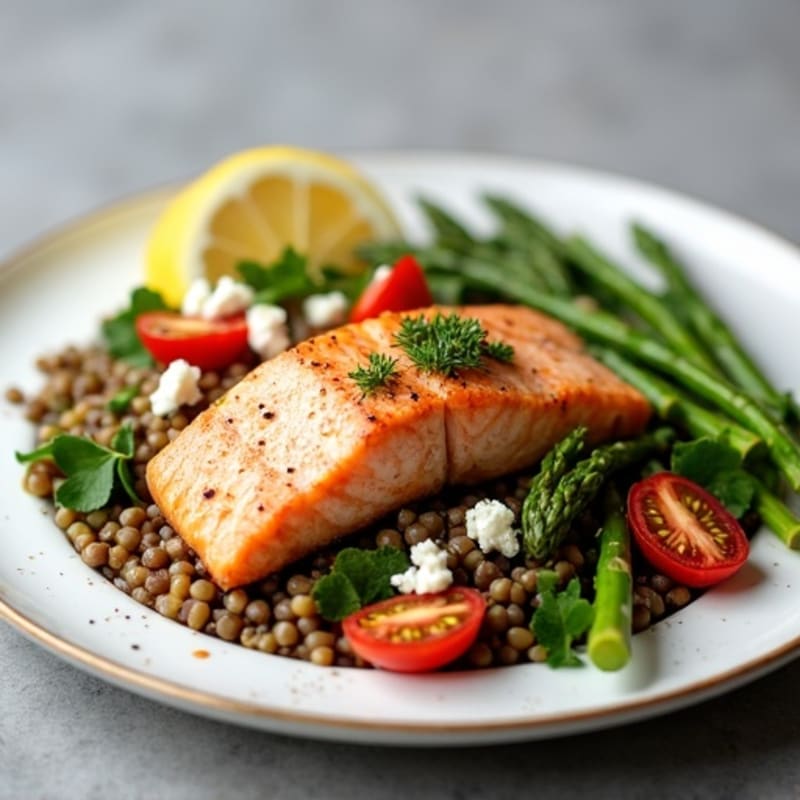 Seared Salmon with Lentil Salad and Steamed Asparagus