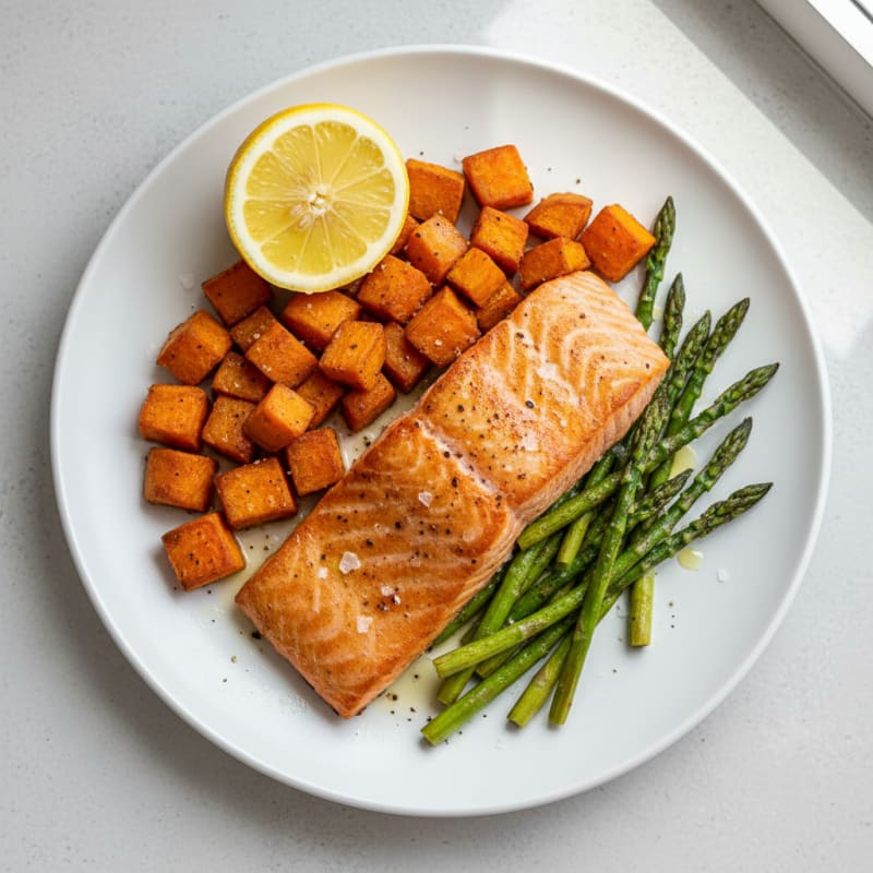 Seared Salmon with Roasted Sweet Potato and Asparagus