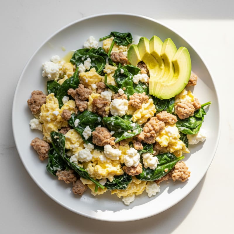 Cottage Cheese Egg White Scramble with Spinach and Sautéed Turkey