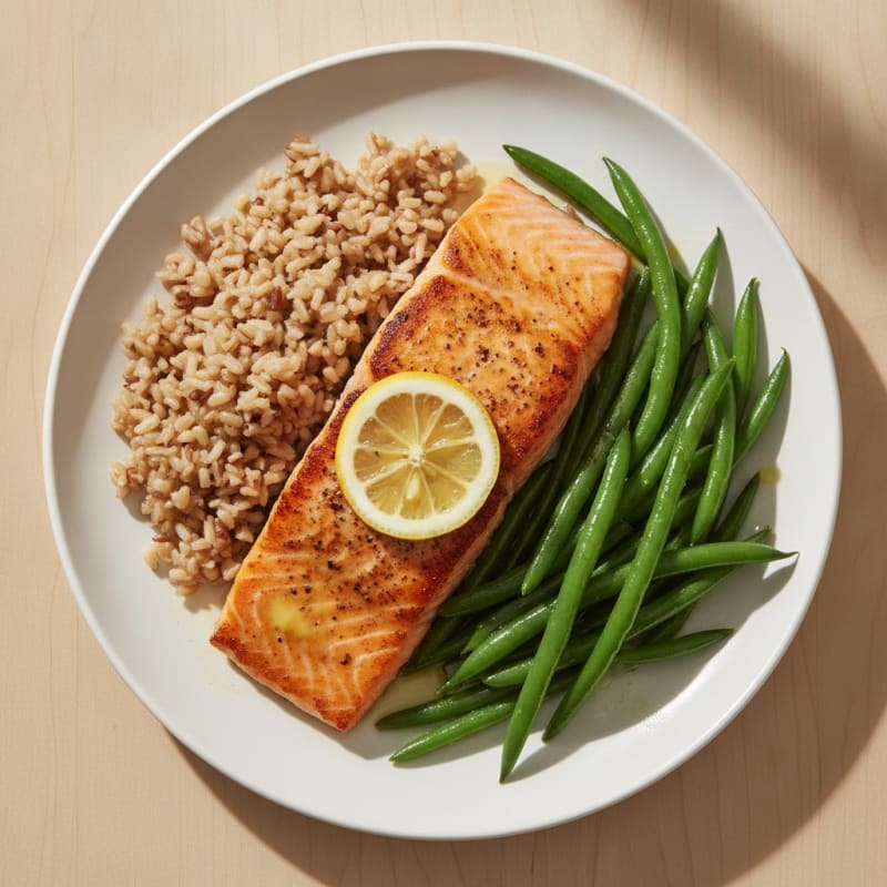 Seared Salmon with Steamed Green Beans and Brown Rice