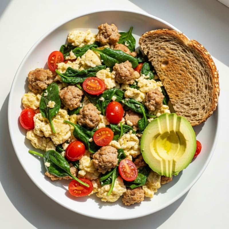 Egg White and Turkey Sausage Scramble with Spinach and Tomatoes
