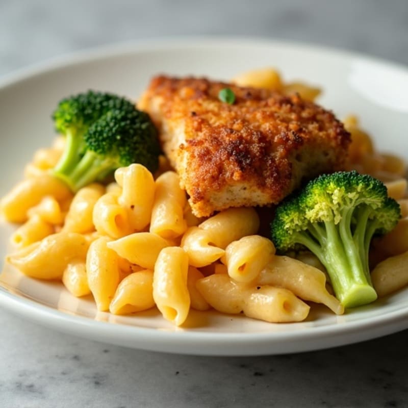 Creamy Baked Mac and Cheese with Crispy Chicken and Broccoli