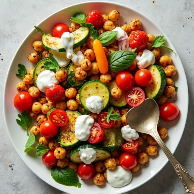 Sheet Pan Roasted Vegetables and Crispy Chickpeas with Lemon-Herb Dressing