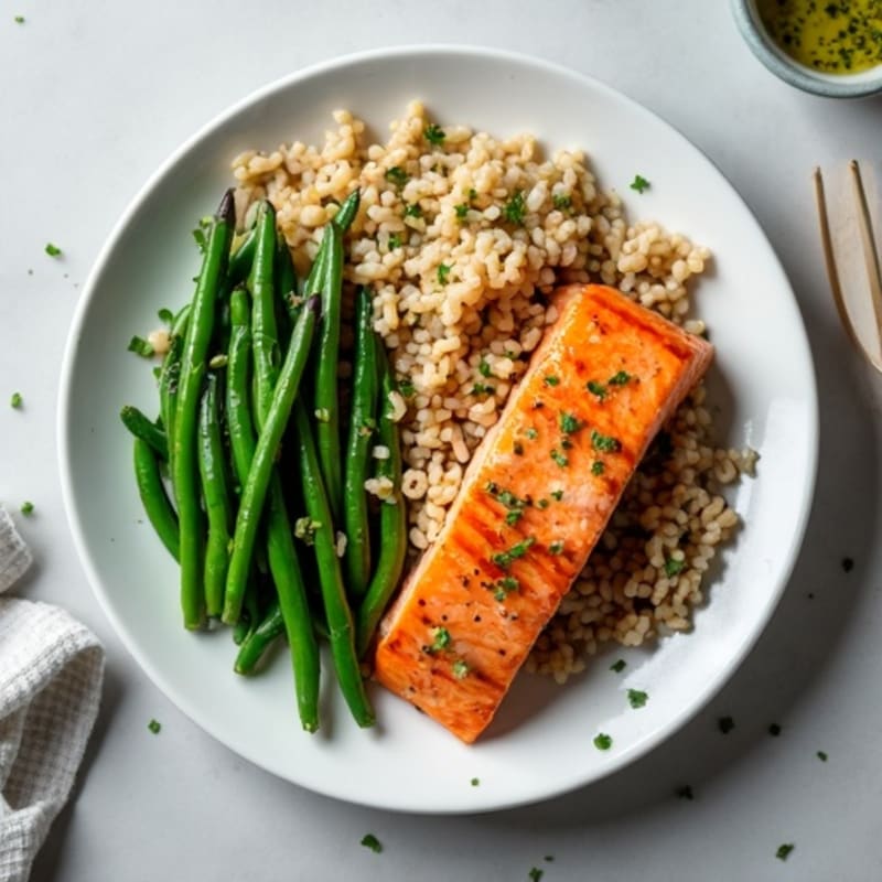 Seared Salmon with Garlic Green Beans and Brown Rice
