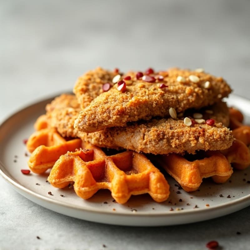 Crispy Almond-Crusted Chicken with Golden Sweet Potato Waffles