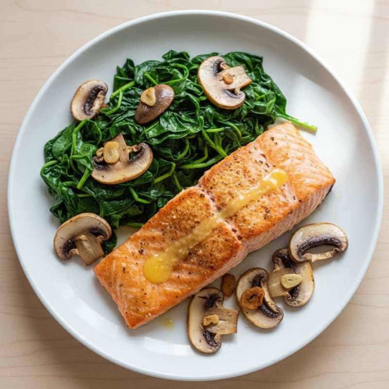 Pan-Seared Salmon with Sautéed Spinach and Garlic Mushrooms