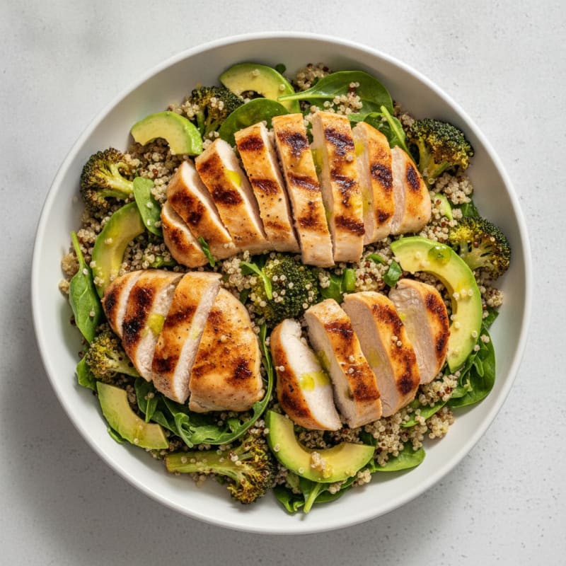 Grilled Chicken Breast Salad with Quinoa and Roasted Broccoli