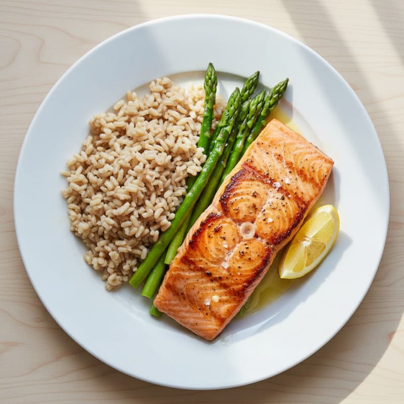 Seared Salmon Fillet with Steamed Asparagus and Brown Rice