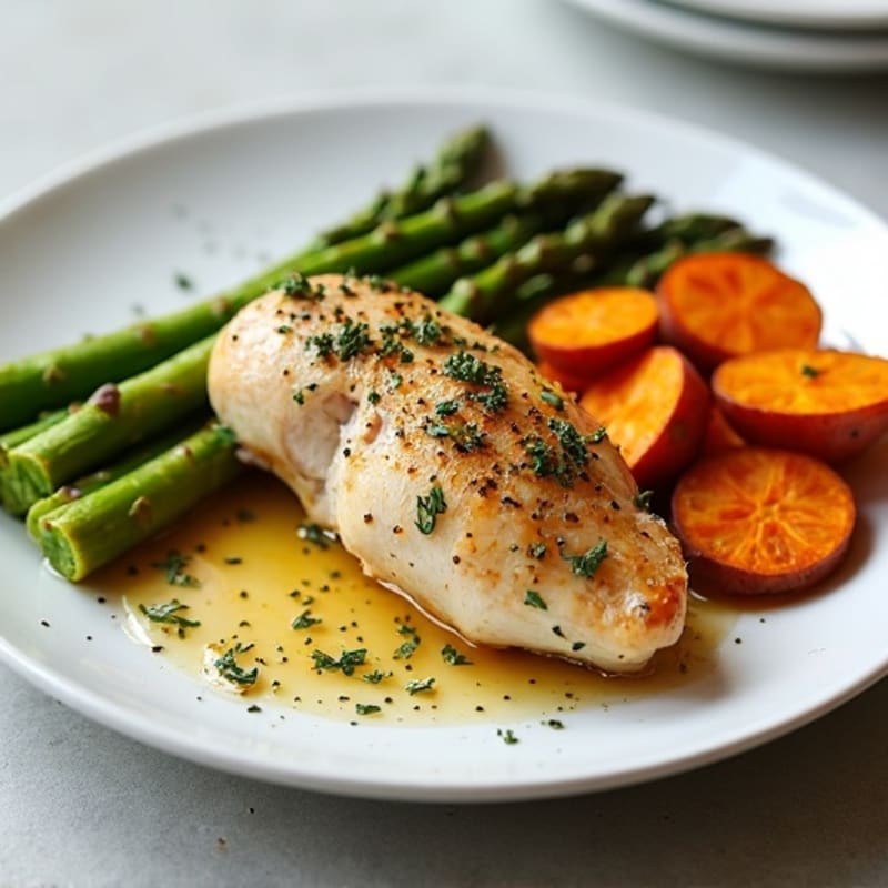 Lemon Herb Roasted Chicken with Roasted Asparagus and Sweet Potatoes