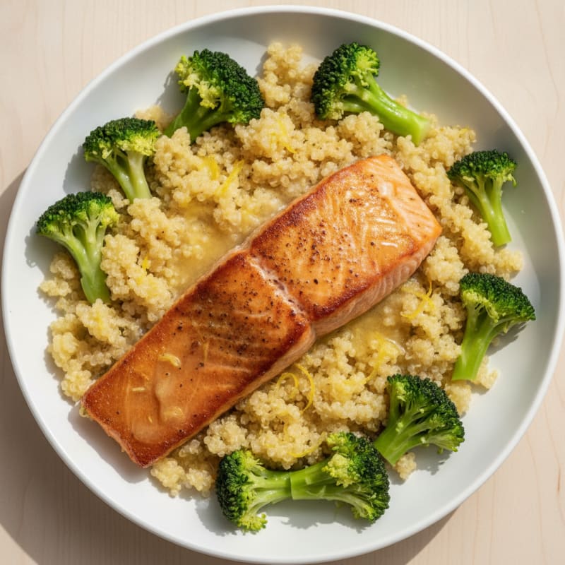 Seared Salmon with Steamed Broccoli and Lemon Quinoa