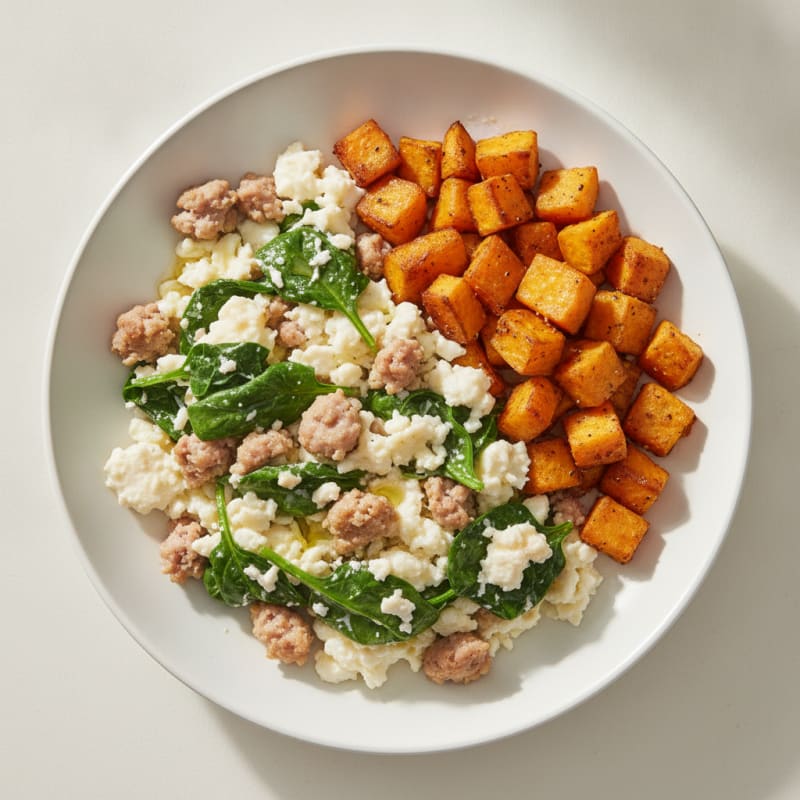 Egg White and Turkey Sausage Scramble with Spinach and Roasted Sweet Potato