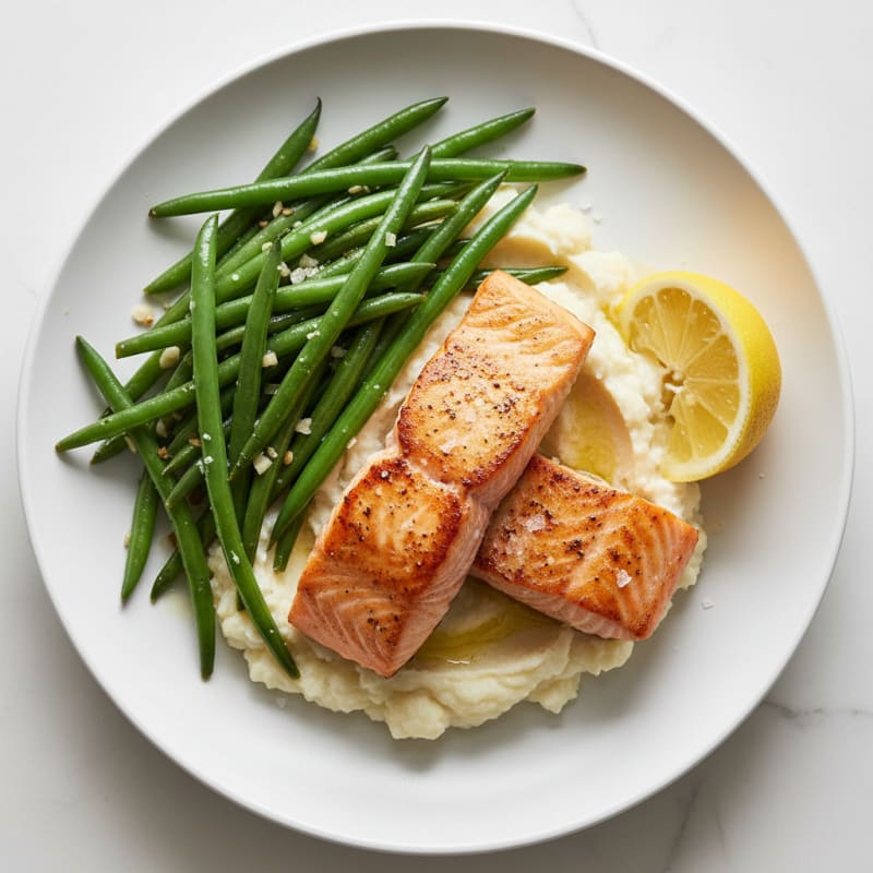 Seared Salmon with Garlic Green Beans and Cauliflower Mash